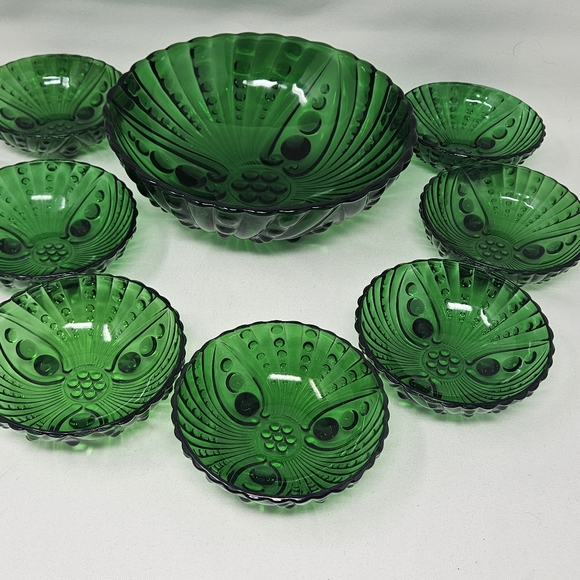 ANCHOR HOCKING Oyster & Pearl emerald salad set vintage 1950's - Picture 7 of 11